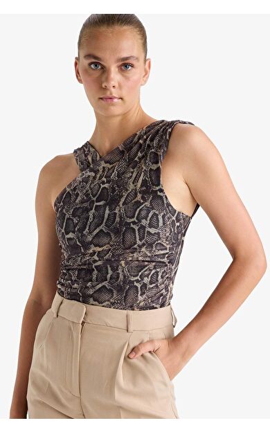 Yılan Derisi Desenli Halter Yaka Tül Bluz