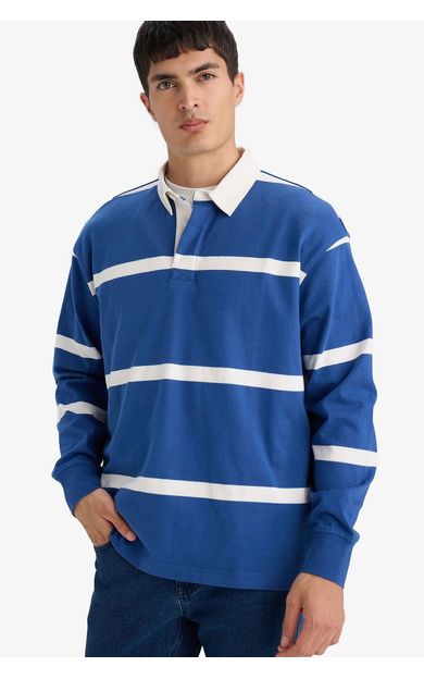 DeFacto %100 Pamuk Çizgili Sweatshirt İndigo
