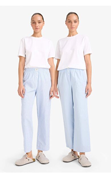 DeFacto Regular Fit 2'li Poplin Uzun Pijama Altı