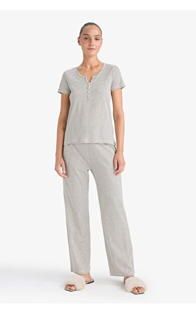 DeFacto Regular Fit Çizgili Kısa Kollu Üst Uzun Alt-Fall in Love