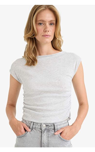 Slim Fit Dar Kesim Kayık Yaka Ribana Büzgülü Bluz