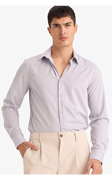 Slım Fıt Polo Yaka Basıc Düz Uzun Kollu Gömlek
