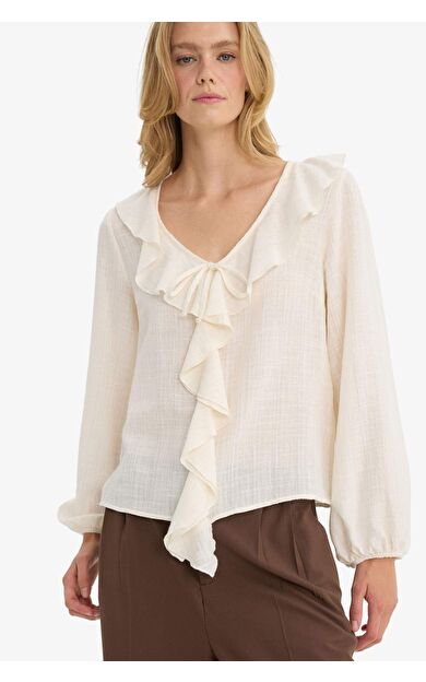 Regular Fit V Yaka Pamuklu Uzun Kollu Bluz