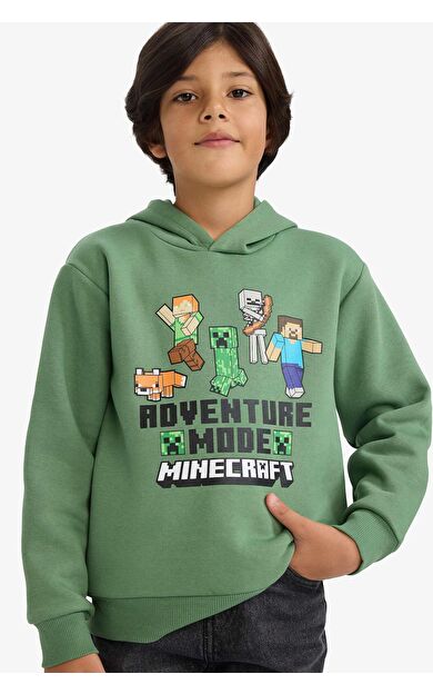 DeFacto Erkek Çocuk Minecraft New Regular Fit Kapüşonlu İçi Yumuşak Tüylü Kalın Sweatshirt Kumaşı Sweatshirt