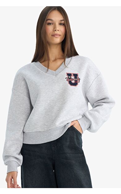 DeFacto Coool Loose Fit V Yaka Nakışlı Sweatshirt