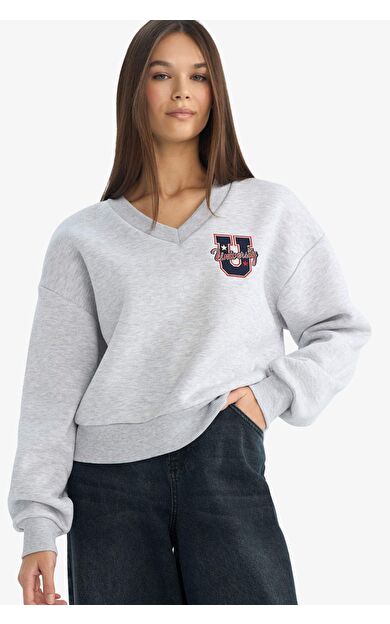 Coool Loose Fit V Yaka Nakışlı Sweatshirt