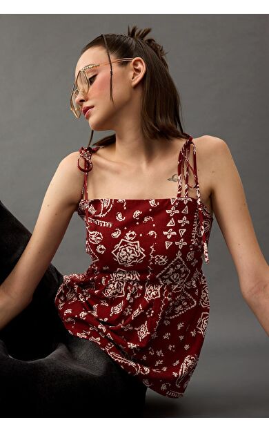DeFacto Flare Fit Şal Desenli Poplin Kolsuz Bluz