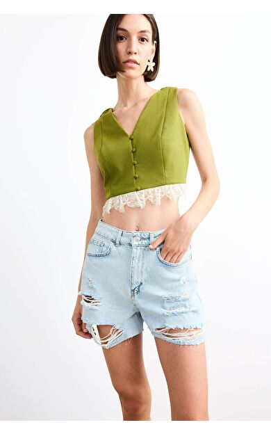 Fitted Düğmeli Dantel Detaylı Yelek