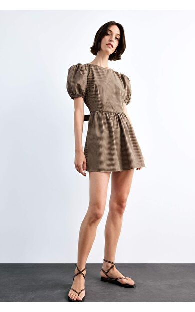 Fitted Kareli Poplin Kısa Kollu Mini Elbise