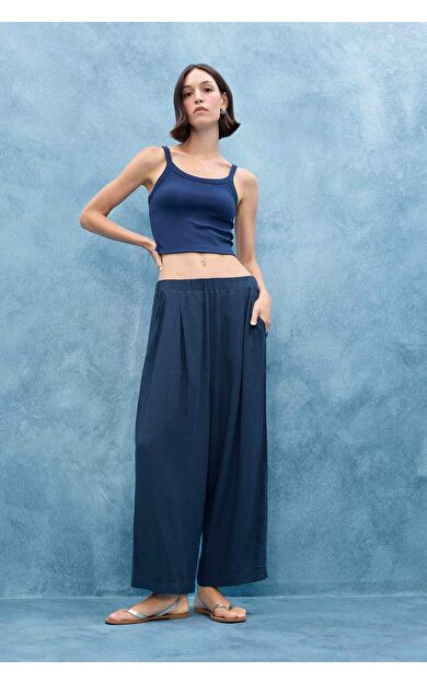 DeFacto Balloon Fit Çift Cepli Normal Bel Crop Keten Karışımlı Pantolon
