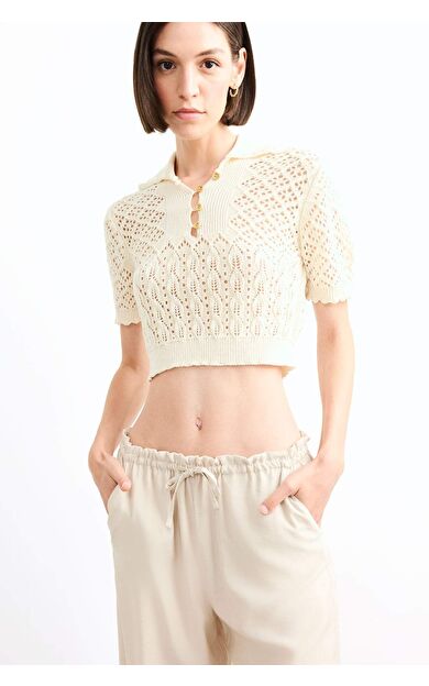 Polo Yaka Kroşe Kısa Kollu Triko Bluz