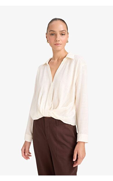 Regular Fit Gömlek Yaka Pamuklu Uzun Kollu Bluz