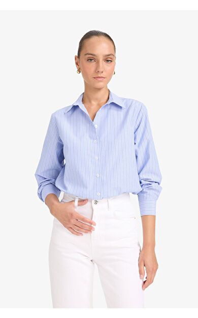 DeFacto Oversize Geniş Kalıp Gömlek Yaka Çizgili Poplin Uzun Kollu Gömlek G0026AX25AUBE305
