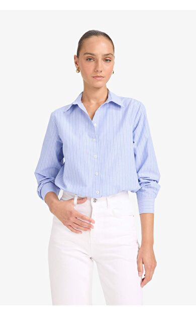 DeFacto Oversize Geniş Kalıp Gömlek Yaka Çizgili Poplin Uzun Kollu Gömlek G0026AX25AUBE305