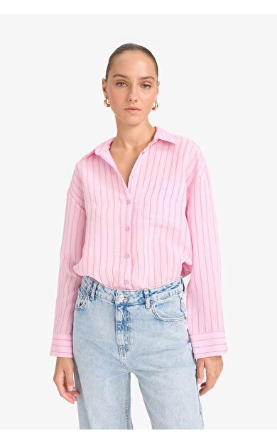 Oversize Geniş Kalıp Gömlek Yaka Çizgili Modal Uzun Kollu Gömlek