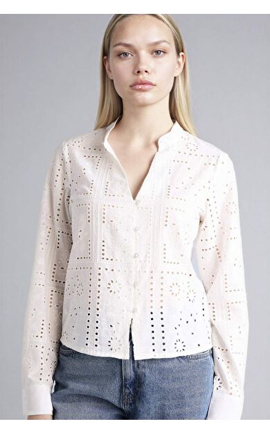 DeFacto Regular Fıt Kaçık Yaka Brode Uzun Kollu Gömlek