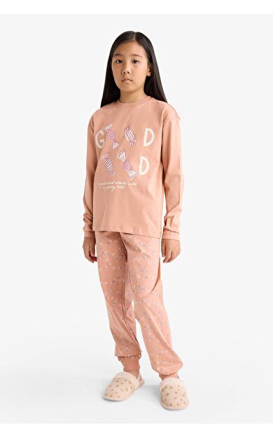 DeFacto Kız Çocuk Pijama Takımı Baskılı Uzun Kollu Üst Uzun Alt
