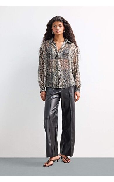 Wide Leg Fermuarlı Uzun Deri Pantolon