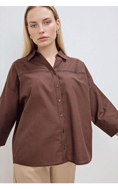 Relax Fit Gömlek Yaka Flamlı Pamuk Uzun Kollu Gömlek