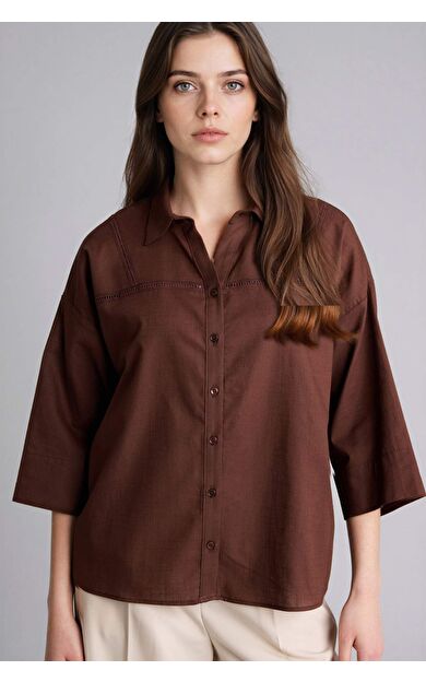 Relax Fıt Gömlek Yaka Flamlı Pamuk Uzun Kollu Gömlek