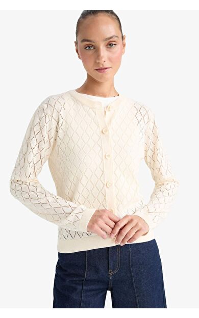 Regular Fit Bisiklet Yaka Ajurlu Düğmeli Triko Hırka G0191AX25AUER105