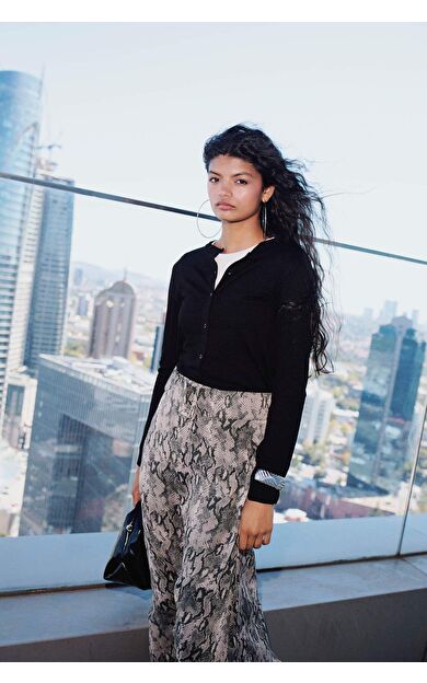 DeFacto Regular Fit Desenli Astarlı Şifon Midi Etek