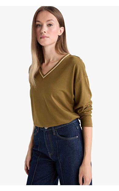 Regular Fit V Yaka Uzun Kollu Tişört G0210AX25AUKH196