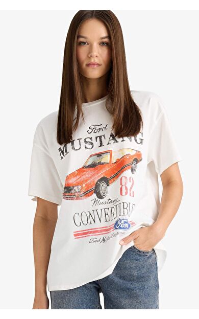 DeFacto Ford Motor Company Oversize Geniş Kalıp Bisiklet Yaka Kısa Kollu Tişört