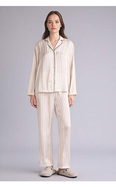 Çizgili Saten Pijama Takımı Üst Alt