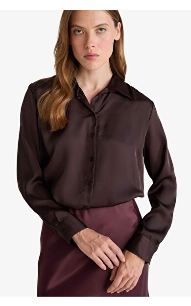 Oversize Geniş Kalıp Gömlek Yaka Saten Uzun Kollu Gömlek