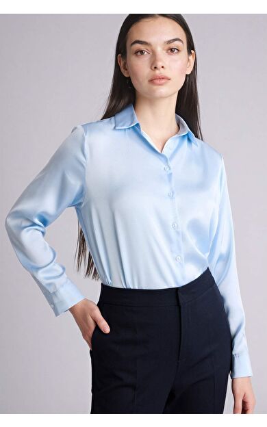 Oversıze Gömlek Yaka Saten Uzun Kollu Gömlek