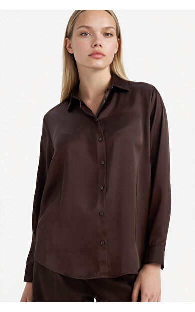 Oversıze Geniş Kalıp Gömlek Yaka Saten Uzun Kollu Gömlek