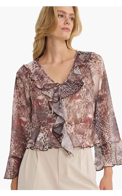 Regular Fit V Yaka Desenli Önden Bağlamalı Volanlı Şifon Uzun Kollu Bluz