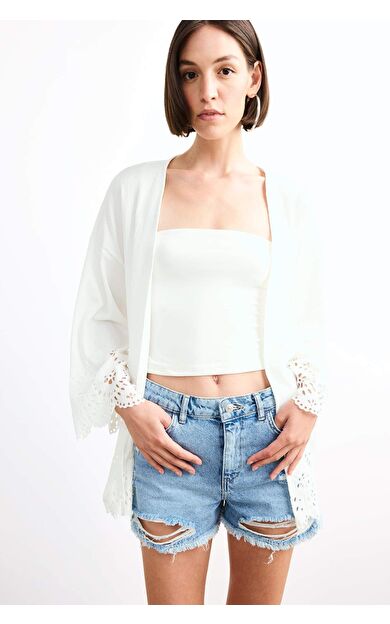 Fitted Bürümcük Brode Bağlamalı Uzun Kollu Bluz