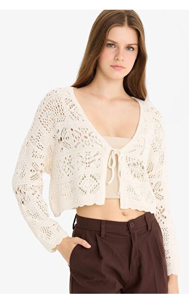 DeFacto Regular Fit V Yaka Önden Bağlamalı Kroşe Hırka