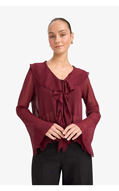 Regular Fit V Yaka Önden Bağlamalı Şifon Uzun Kollu Bluz