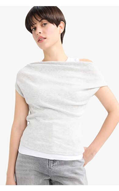 DeFacto Slim Fit Dar Kesim Tek Omuzlu Ribana Kısa Kollu Tişört
