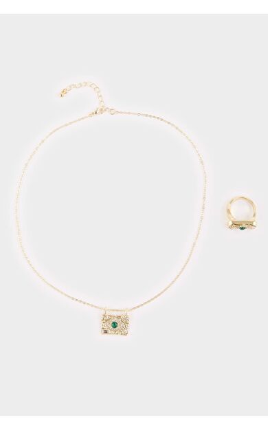 Kadın Çelik Gold Kolye-Yüzük Set