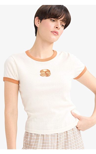 DeFacto Fall in Love Fitted Bisiklet Yaka Kısa Kollu Ribana Üst