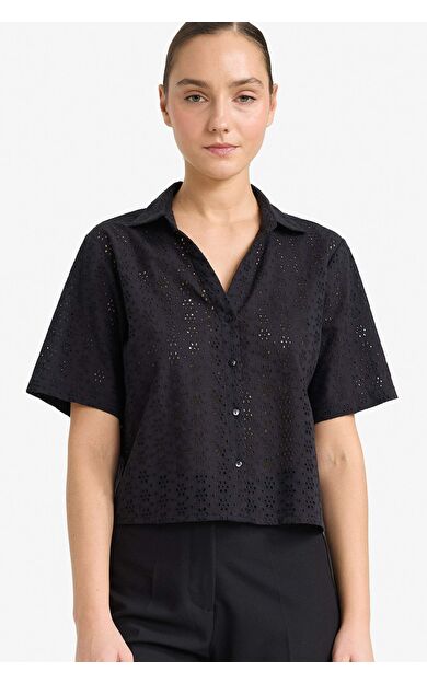 DeFacto Regular Fıt Kaçık Yaka Brode Kısa Kollu Gömlek