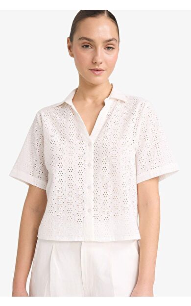 DeFacto Regular Fıt Kaçık Yaka Brode Kısa Kollu Gömlek