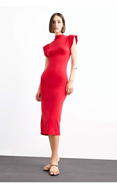 Fitted Dik Yaka Kolsuz Midi Elbise