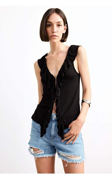 V Yaka Volanlı Viskon Kolsuz Bluz G0401AX25SMBK81