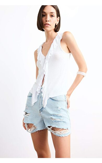 V Yaka Volanlı Viskon Kolsuz Bluz G0401AX25SMWT34