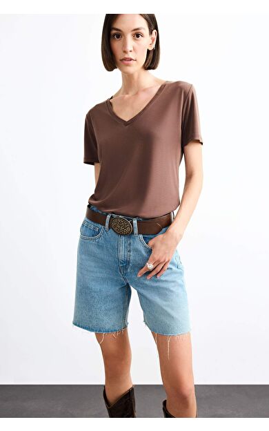 V Yaka Modal Kısa Kollu Tişört G0402AX25SMBN214