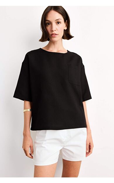 Relax Fit Bisiklet Yaka Dokuma Kısa Kollu Gömlek