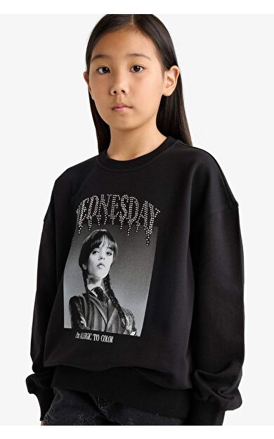 DeFacto Kız Çocuk Wednesday Oversize Geniş Kalıp Bisiklet Yaka Sweatshirt