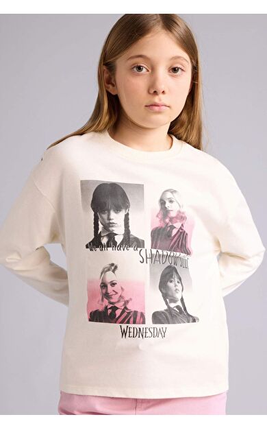 Kız Çocuk Wednesday Loose Fit Bisiklet Yaka Uzun Kollu Tişört