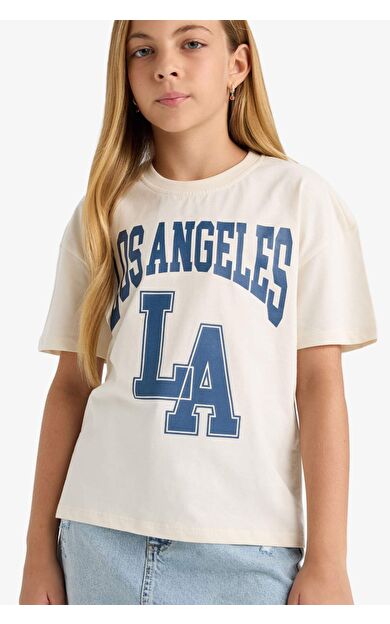 DeFacto Kız Çocuk Relax Fit Bisiklet Yaka Üniversite Baskılı Kısa Kollu Tişört G0455A825AUER134