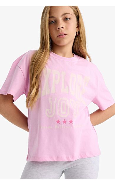 DeFacto Kız Çocuk Relax Fit Bisiklet Yaka Üniversite Baskılı Kısa Kollu Tişört G0455A825AUPN666